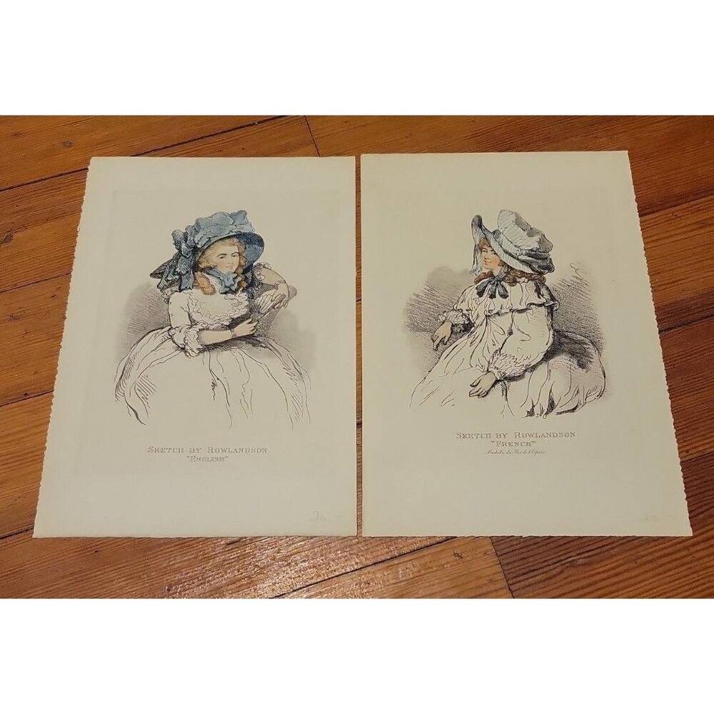 2 Antique Lady Sketches By Thomas Rowlandson-French & English Fancy Dress Ladies